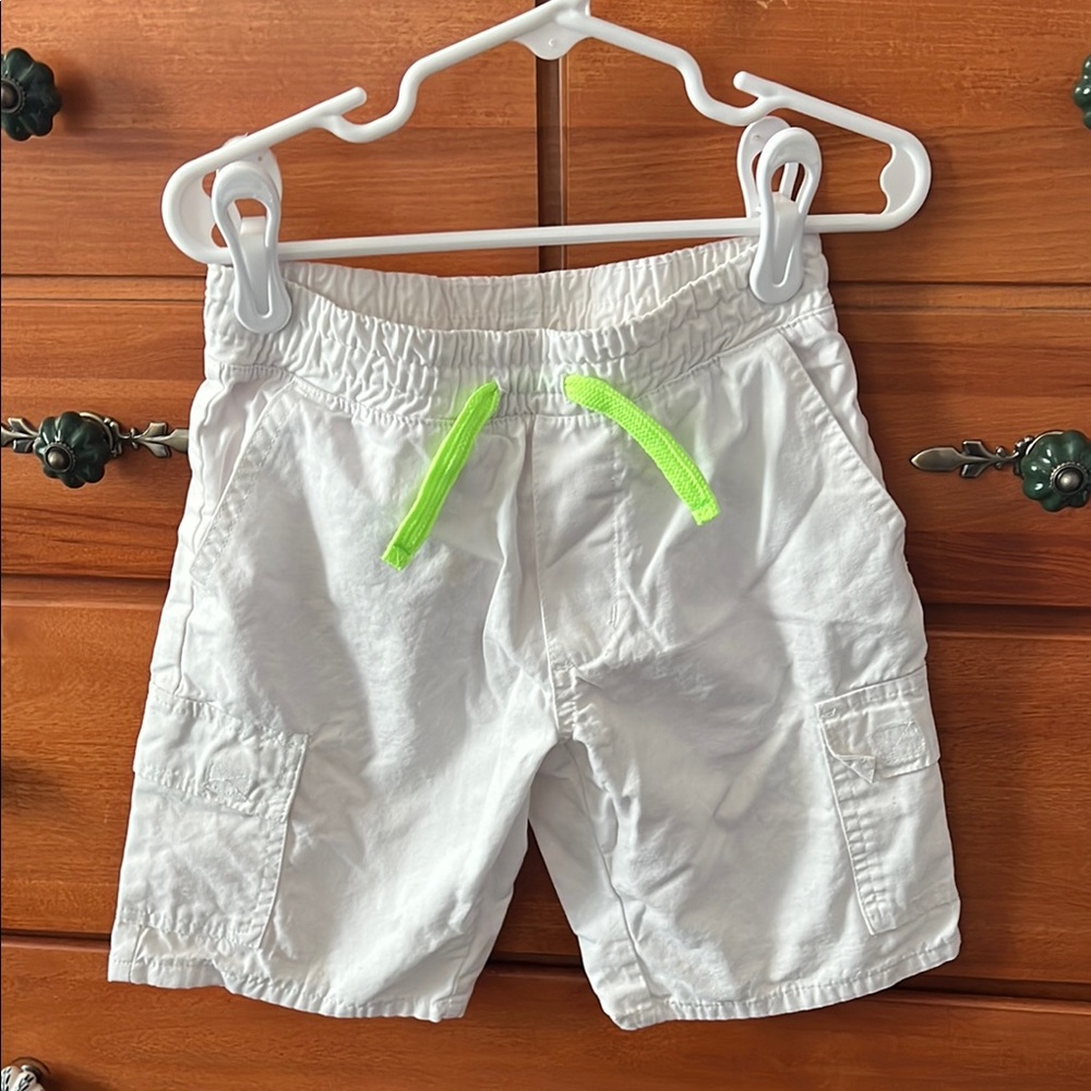 White Kids Cargo Shorts with Neon Green Drawstring